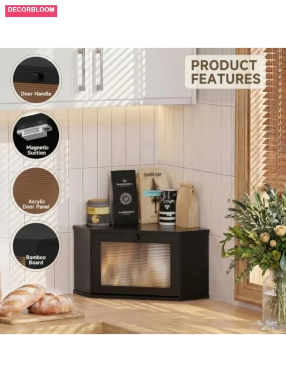 Corner Bread Box Kitchen Countertop Storage Bamboo Acrylic Door
